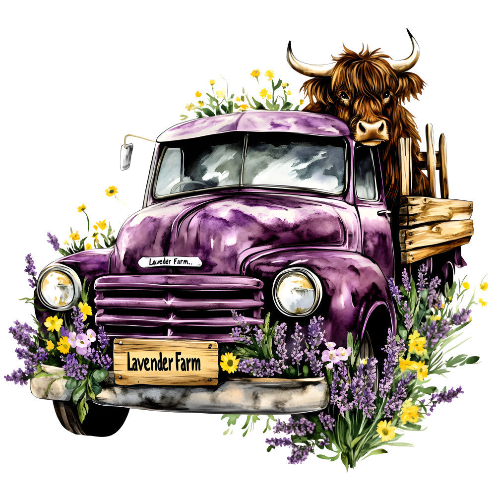 Highland Cows in Vintage Trucks Fabric Panel 4