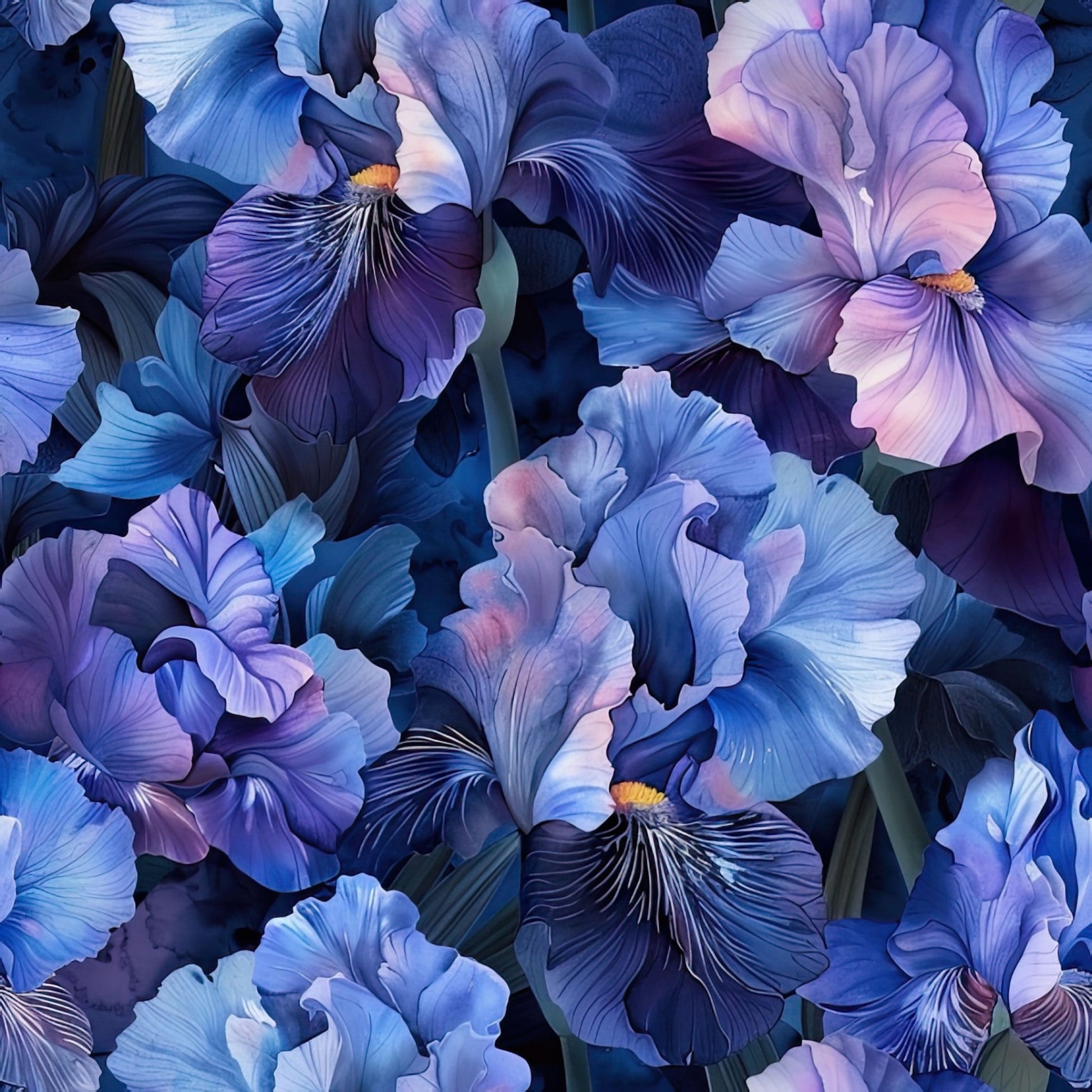 iris flowers, purple blooms, blue petals, lavender shades, floral pattern, botanical design, realistic flowers, quilting cotton, fabric panel, spring blooms, garden flowers, detailed petals, nature motif, perennial flowers, soft pastels, elegant florals, blooming irises, flower garden, textile design, crafting fabric