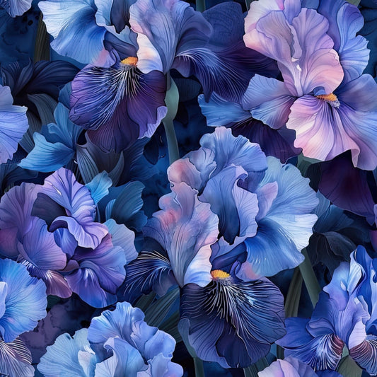 iris flowers, purple blooms, blue petals, lavender shades, floral pattern, botanical design, realistic flowers, quilting cotton, fabric panel, spring blooms, garden flowers, detailed petals, nature motif, perennial flowers, soft pastels, elegant florals, blooming irises, flower garden, textile design, crafting fabric