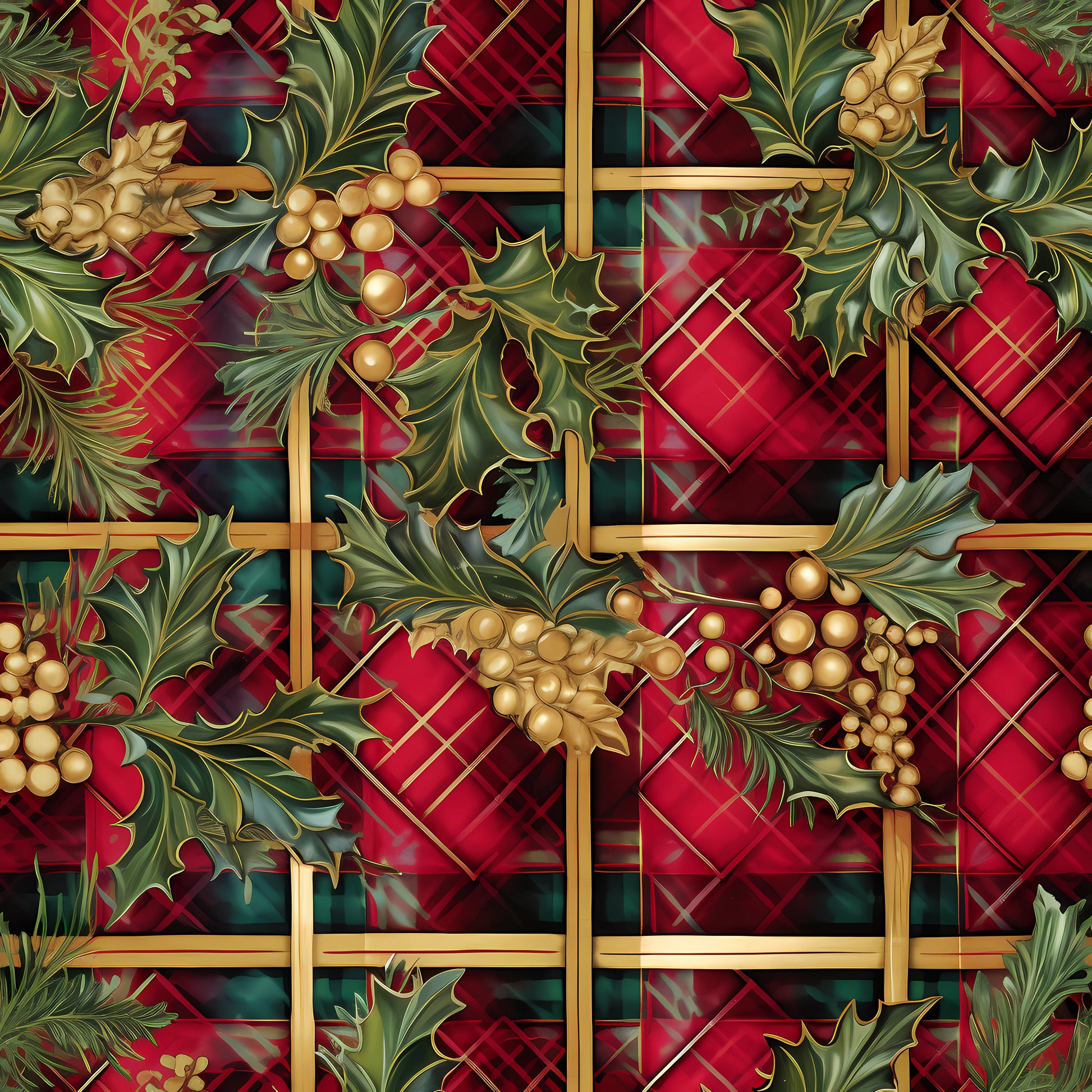 red, green, gold, christmas, plaid, tartan, holly leaves, berries, pine cones, evergreen branches, botanical, festive, holiday, quilting cotton, fabric panel, winter, geometric grid, nature motifs, seasonal foliage, decorative pattern
