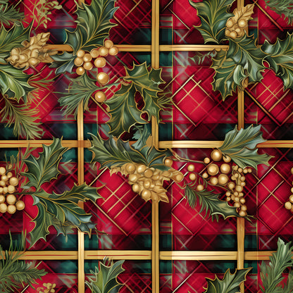 red, green, gold, christmas, plaid, tartan, holly leaves, berries, pine cones, evergreen branches, botanical, festive, holiday, quilting cotton, fabric panel, winter, geometric grid, nature motifs, seasonal foliage, decorative pattern