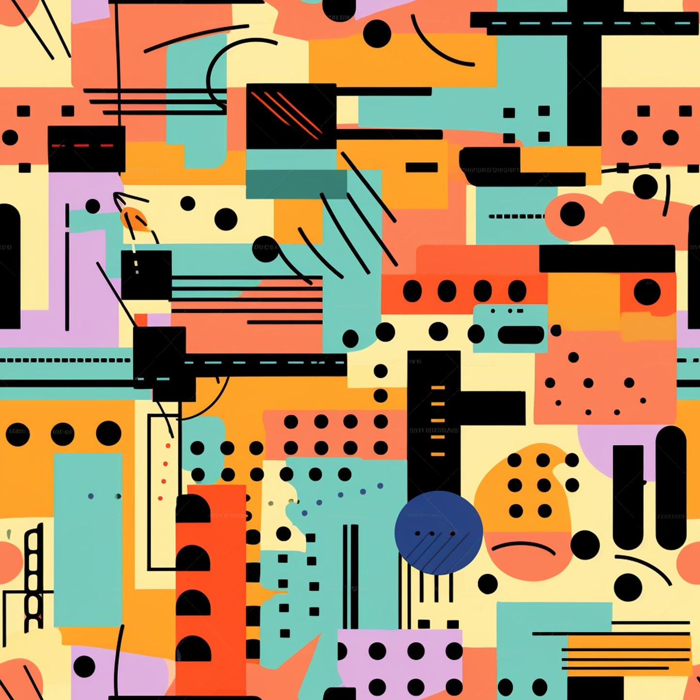 orange, teal, coral, yellow, purple, black, geometric shapes, abstract pattern, circles, rectangles, lines, dots, modernist style, contemporary art, kandinsky inspired, colorful blocks, artistic composition, quilting cotton, fabric panel, vibrant colors, graphic elements, bauhaus influence