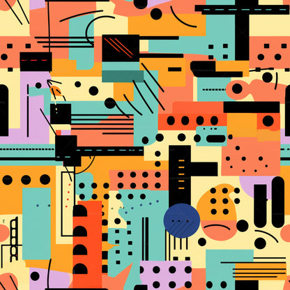 orange, teal, coral, yellow, purple, black, geometric shapes, abstract pattern, circles, rectangles, lines, dots, modernist style, contemporary art, kandinsky inspired, colorful blocks, artistic composition, quilting cotton, fabric panel, vibrant colors, graphic elements, bauhaus influence