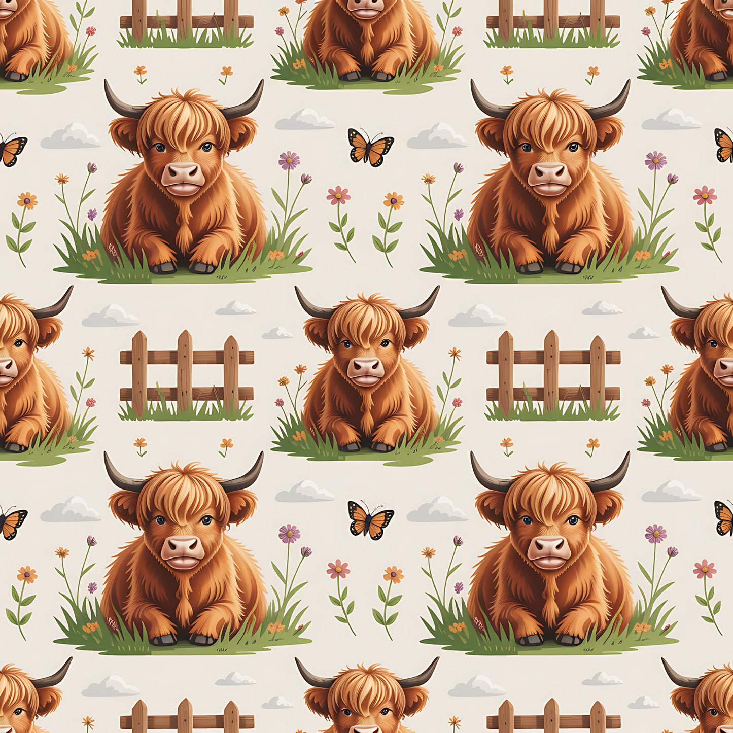 Cartoon Highland Cows Pattern 3 Quilting Cotton Fabric