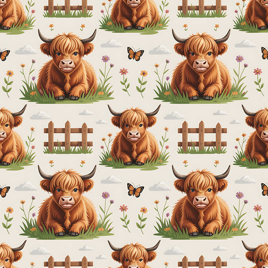 Cartoon Highland Cows Pattern 3 Quilting Cotton Fabric