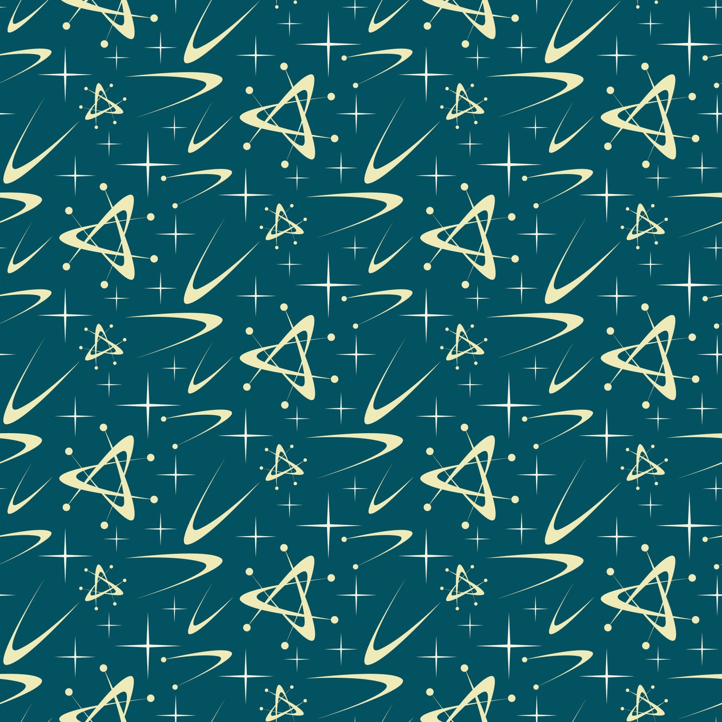 teal, cream, atomic pattern, starbursts, mid-century modern, retro, space age, geometric shapes, triangular motifs, orbital rings, stars, dots, quilting cotton, fabric panel, 1950s style, futuristic, abstract design, repeating pattern, vintage inspired, celestial elements
