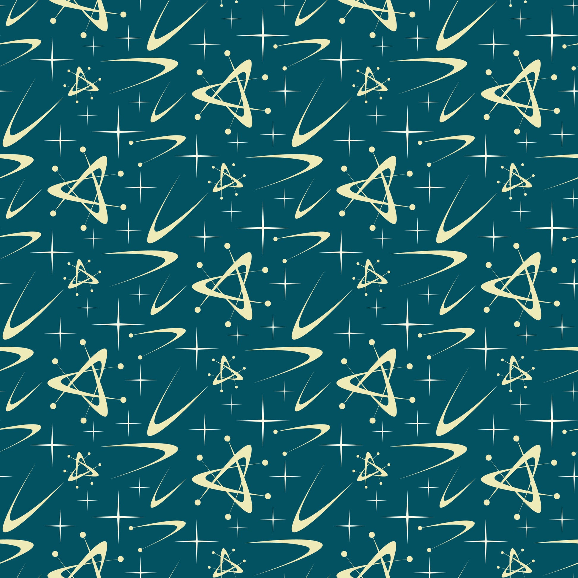 teal, cream, atomic pattern, starbursts, mid-century modern, retro, space age, geometric shapes, triangular motifs, orbital rings, stars, dots, quilting cotton, fabric panel, 1950s style, futuristic, abstract design, repeating pattern, vintage inspired, celestial elements