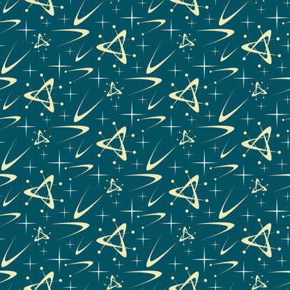 teal, cream, atomic pattern, starbursts, mid-century modern, retro, space age, geometric shapes, triangular motifs, orbital rings, stars, dots, quilting cotton, fabric panel, 1950s style, futuristic, abstract design, repeating pattern, vintage inspired, celestial elements