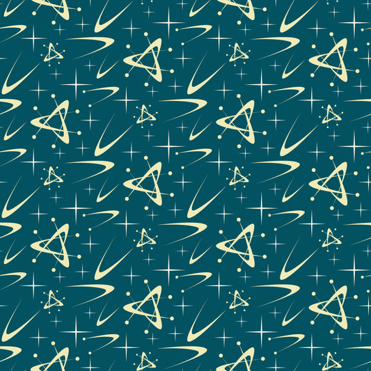 teal, cream, atomic pattern, starbursts, mid-century modern, retro, space age, geometric shapes, triangular motifs, orbital rings, stars, dots, quilting cotton, fabric panel, 1950s style, futuristic, abstract design, repeating pattern, vintage inspired, celestial elements