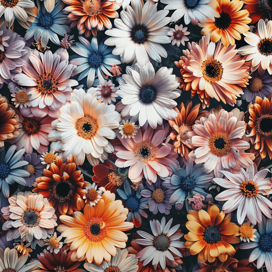 realistic flowers, daisy pattern, floral design, orange petals, pink blooms, white flowers, blue centers, purple tones, coral hues, quilting cotton, fabric panel, botanical print, garden flowers, densely packed, photorealistic style, spring blooms, mixed florals, vibrant colors, nature motifs, crafting material