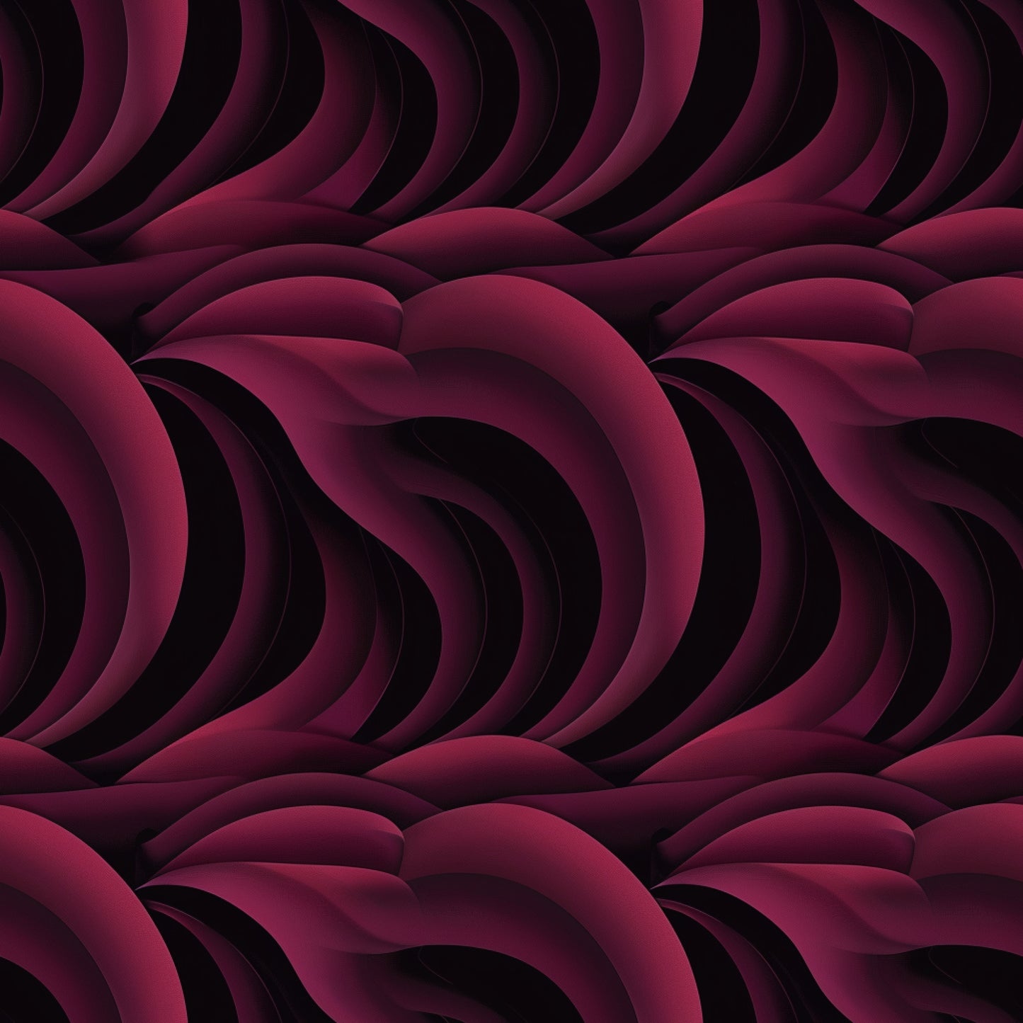 burgundy, deep red, maroon, wine, abstract waves, flowing curves, layered design, dimensional pattern, geometric swirls, modern art, contemporary style, quilting cotton, fabric panel, seamless repeat, undulating lines, organic shapes, gradient shading, textured appearance, sophisticated palette, artistic motif