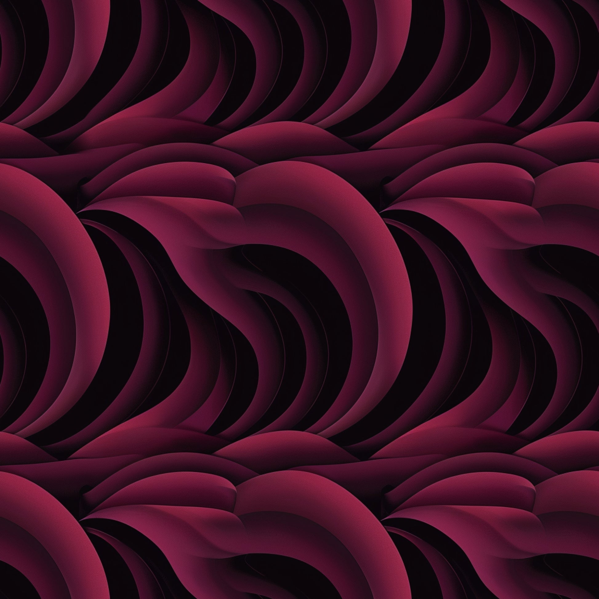 burgundy, deep red, maroon, wine, abstract waves, flowing curves, layered design, dimensional pattern, geometric swirls, modern art, contemporary style, quilting cotton, fabric panel, seamless repeat, undulating lines, organic shapes, gradient shading, textured appearance, sophisticated palette, artistic motif