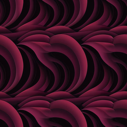 burgundy, deep red, maroon, wine, abstract waves, flowing curves, layered design, dimensional pattern, geometric swirls, modern art, contemporary style, quilting cotton, fabric panel, seamless repeat, undulating lines, organic shapes, gradient shading, textured appearance, sophisticated palette, artistic motif