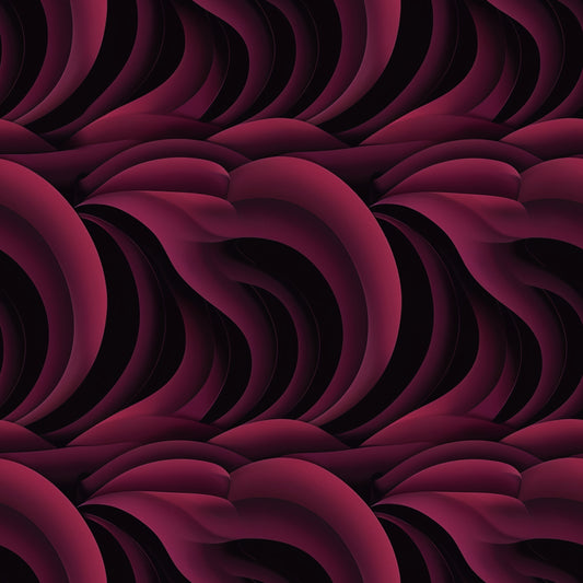 burgundy, deep red, maroon, wine, abstract waves, flowing curves, layered design, dimensional pattern, geometric swirls, modern art, contemporary style, quilting cotton, fabric panel, seamless repeat, undulating lines, organic shapes, gradient shading, textured appearance, sophisticated palette, artistic motif
