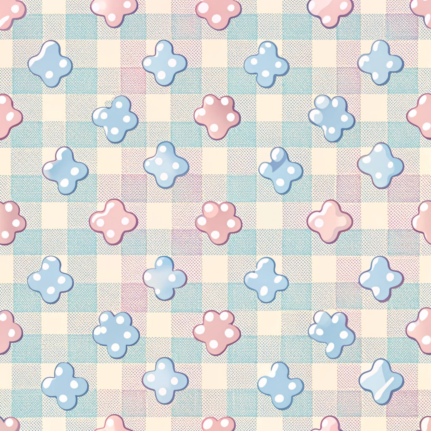 dog paws, paw prints, pastel pink, soft blue, cream, checkered background, gingham pattern, polka dots, cute animals, pet themed, quilting cotton, fabric panel, whimsical, playful design, nursery fabric, animal motifs, repeating pattern, soft colors, cotton fabric, crafting material