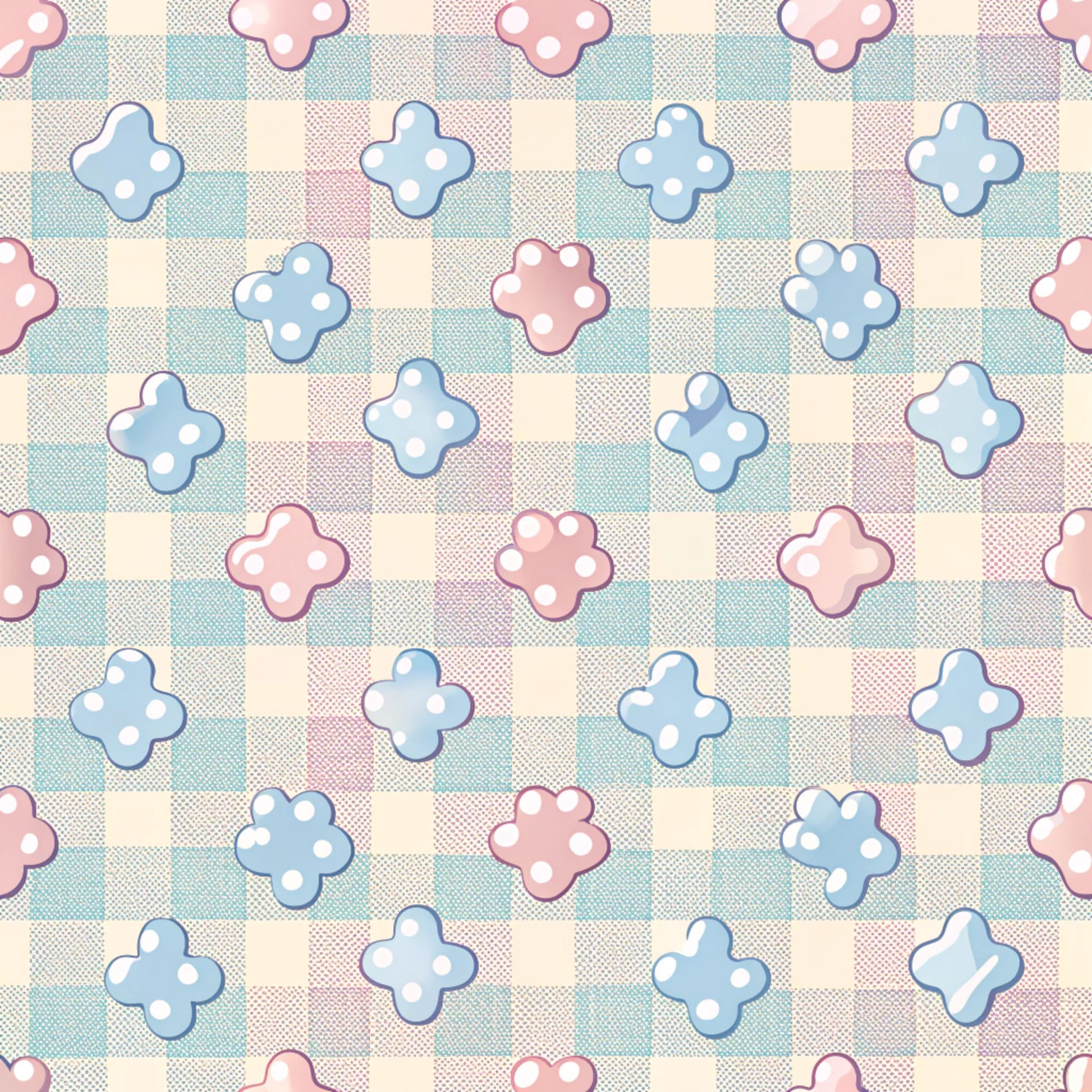 dog paws, paw prints, pastel pink, soft blue, cream, checkered background, gingham pattern, polka dots, cute animals, pet themed, quilting cotton, fabric panel, whimsical, playful design, nursery fabric, animal motifs, repeating pattern, soft colors, cotton fabric, crafting material