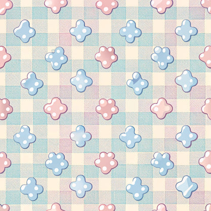 dog paws, paw prints, pastel pink, soft blue, cream, checkered background, gingham pattern, polka dots, cute animals, pet themed, quilting cotton, fabric panel, whimsical, playful design, nursery fabric, animal motifs, repeating pattern, soft colors, cotton fabric, crafting material