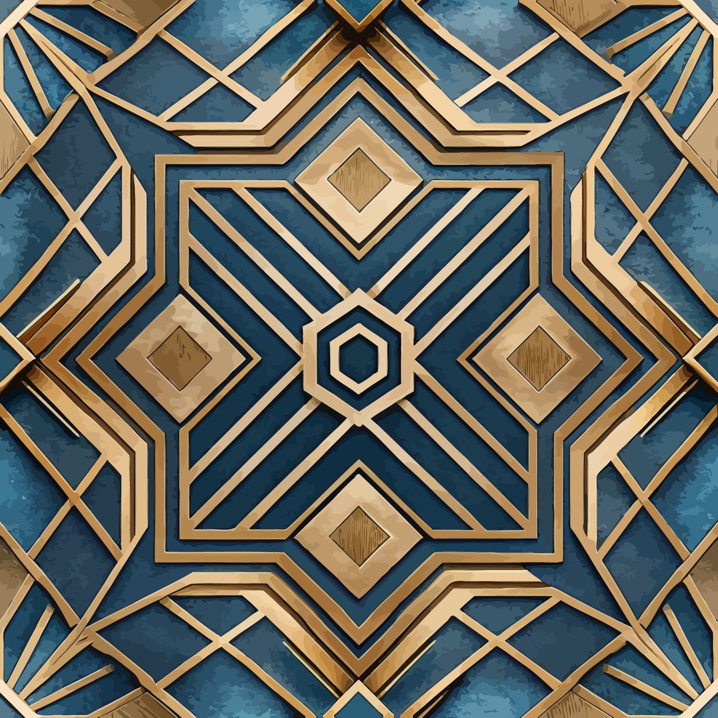navy blue, gold, geometric pattern, art deco, star motif, diamond shapes, hexagonal center, layered design, angular lines, symmetrical, metallic accents, intricate borders, quilting cotton, fabric panel, luxury aesthetic, ornate details, repeat pattern, dimensional appearance, sophisticated design
