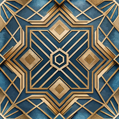 navy blue, gold, geometric pattern, art deco, star motif, diamond shapes, hexagonal center, layered design, angular lines, symmetrical, metallic accents, intricate borders, quilting cotton, fabric panel, luxury aesthetic, ornate details, repeat pattern, dimensional appearance, sophisticated design