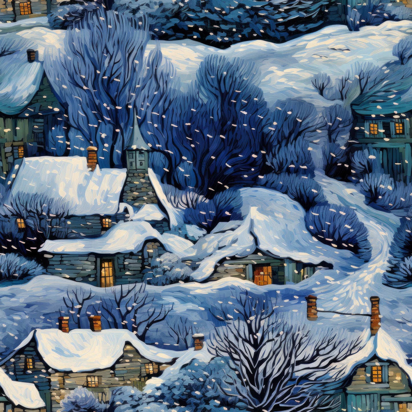 winter landscape, snow-covered houses, bare trees, deep blue, navy blue, white snow, golden windows, cozy cottages, snowy village, evening scene, quilting cotton, fabric panel, winter wonderland, architectural details, chimneys, rooftops, branches, peaceful atmosphere, cold season, illuminated homes