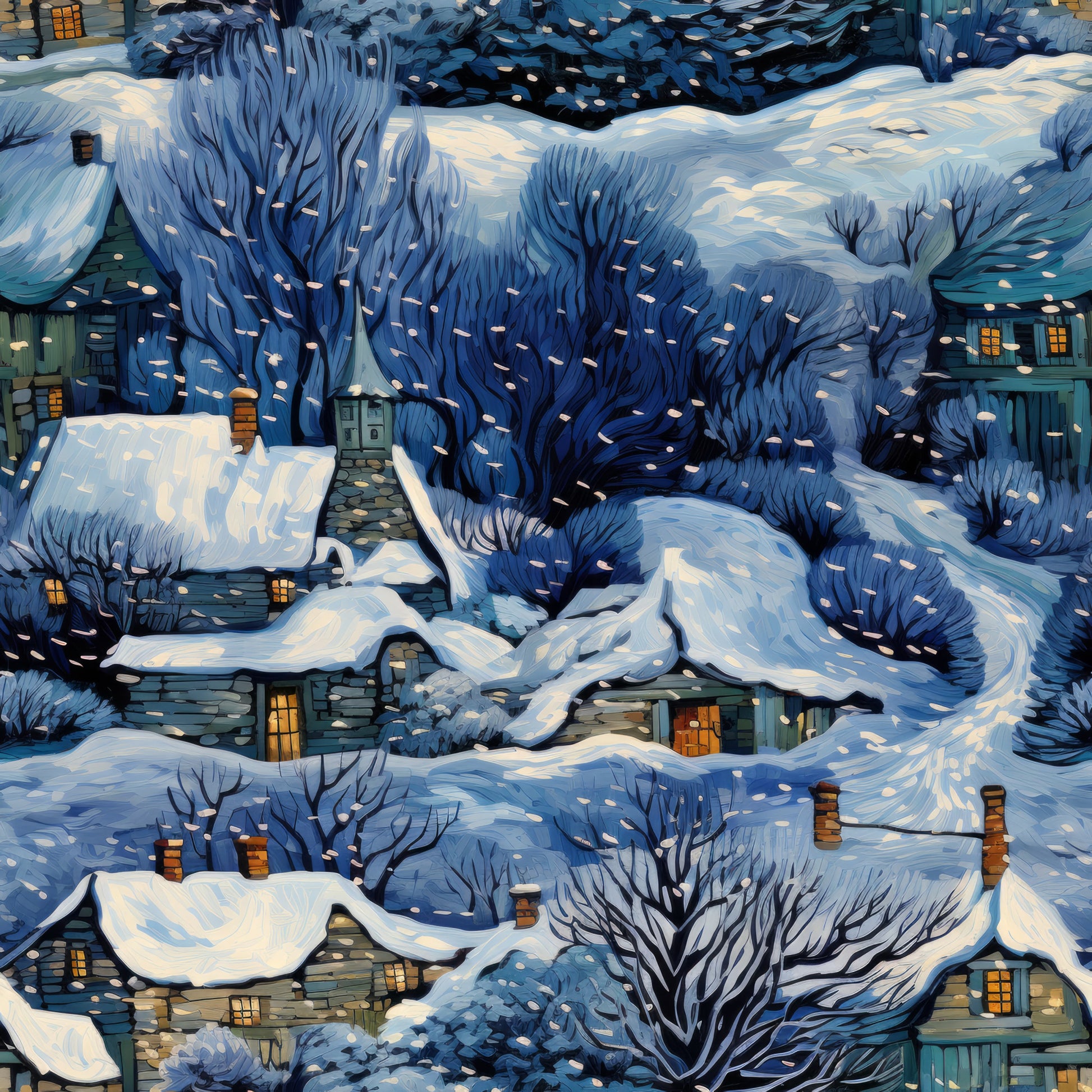 winter landscape, snow-covered houses, bare trees, deep blue, navy blue, white snow, golden windows, cozy cottages, snowy village, evening scene, quilting cotton, fabric panel, winter wonderland, architectural details, chimneys, rooftops, branches, peaceful atmosphere, cold season, illuminated homes