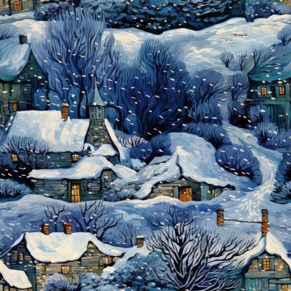 winter landscape, snow-covered houses, bare trees, deep blue, navy blue, white snow, golden windows, cozy cottages, snowy village, evening scene, quilting cotton, fabric panel, winter wonderland, architectural details, chimneys, rooftops, branches, peaceful atmosphere, cold season, illuminated homes