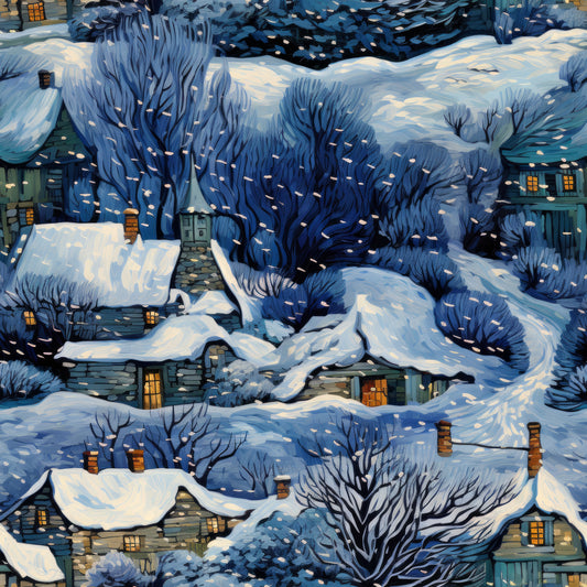 winter landscape, snow-covered houses, bare trees, deep blue, navy blue, white snow, golden windows, cozy cottages, snowy village, evening scene, quilting cotton, fabric panel, winter wonderland, architectural details, chimneys, rooftops, branches, peaceful atmosphere, cold season, illuminated homes