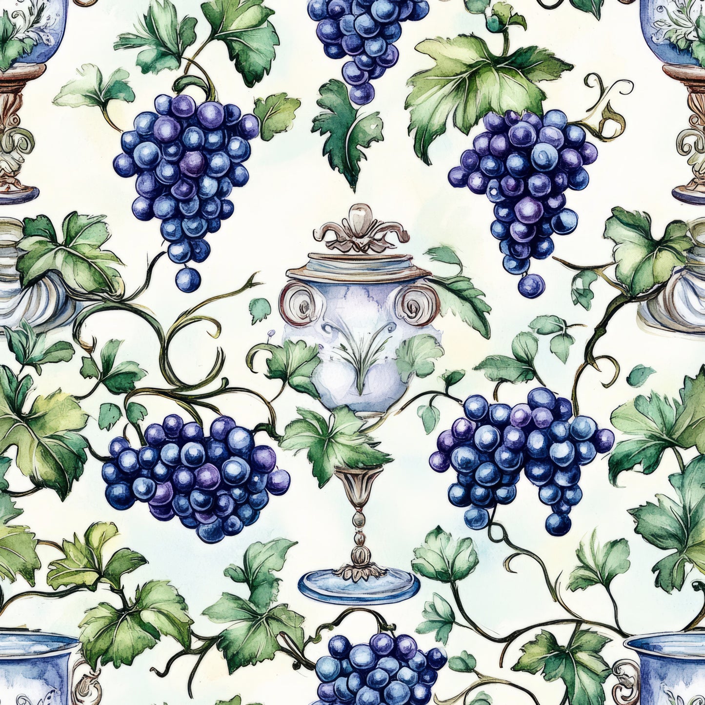 deep purple grapes, green grape leaves, ornate vases, cream background, botanical pattern, vineyard theme, watercolor style, decorative pottery, wine motif, quilting cotton, fabric panel, elegant design, nature inspired, mediterranean style, artistic illustration, purple blue tones, sage green, vintage urns, grape clusters, vine pattern