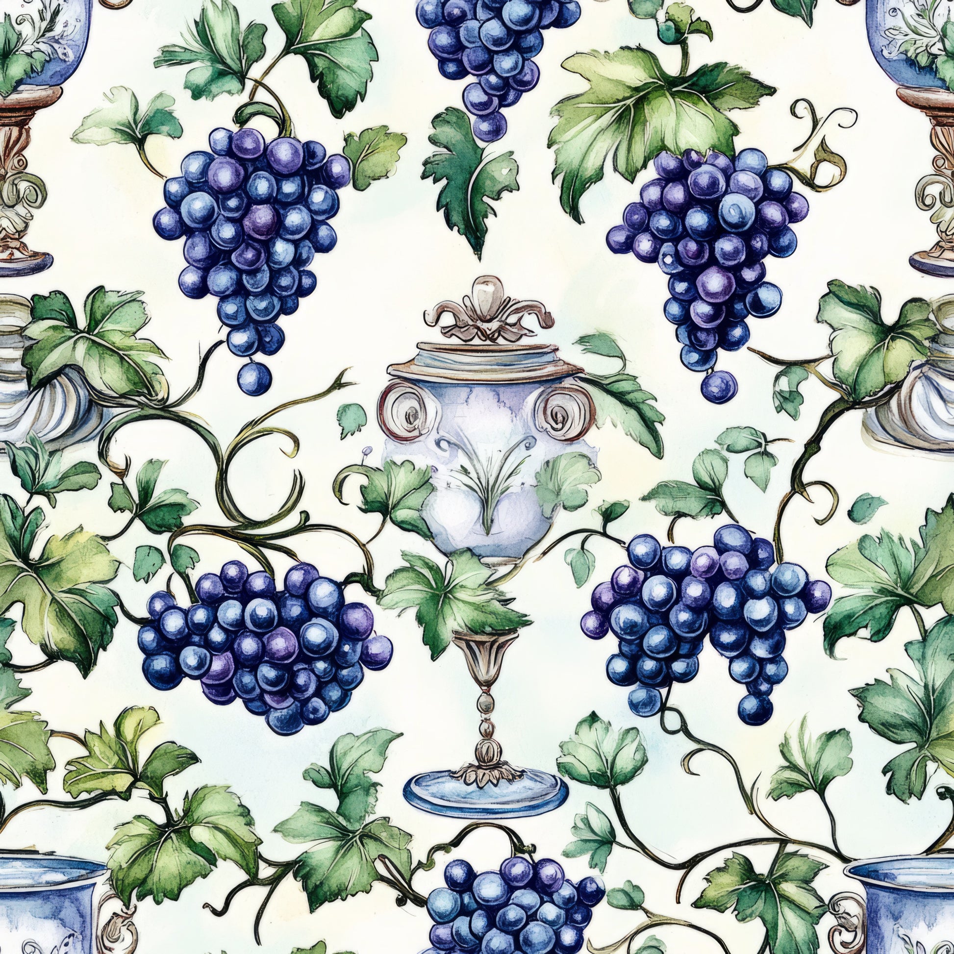 deep purple grapes, green grape leaves, ornate vases, cream background, botanical pattern, vineyard theme, watercolor style, decorative pottery, wine motif, quilting cotton, fabric panel, elegant design, nature inspired, mediterranean style, artistic illustration, purple blue tones, sage green, vintage urns, grape clusters, vine pattern