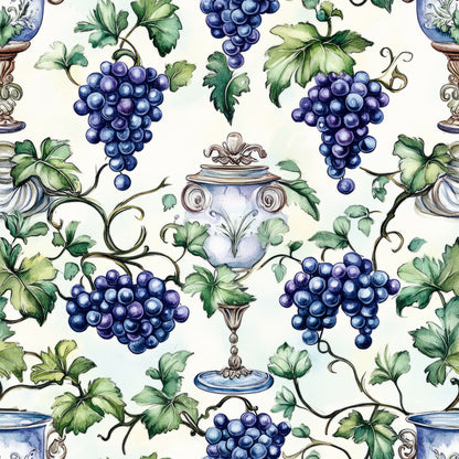 deep purple grapes, green grape leaves, ornate vases, cream background, botanical pattern, vineyard theme, watercolor style, decorative pottery, wine motif, quilting cotton, fabric panel, elegant design, nature inspired, mediterranean style, artistic illustration, purple blue tones, sage green, vintage urns, grape clusters, vine pattern