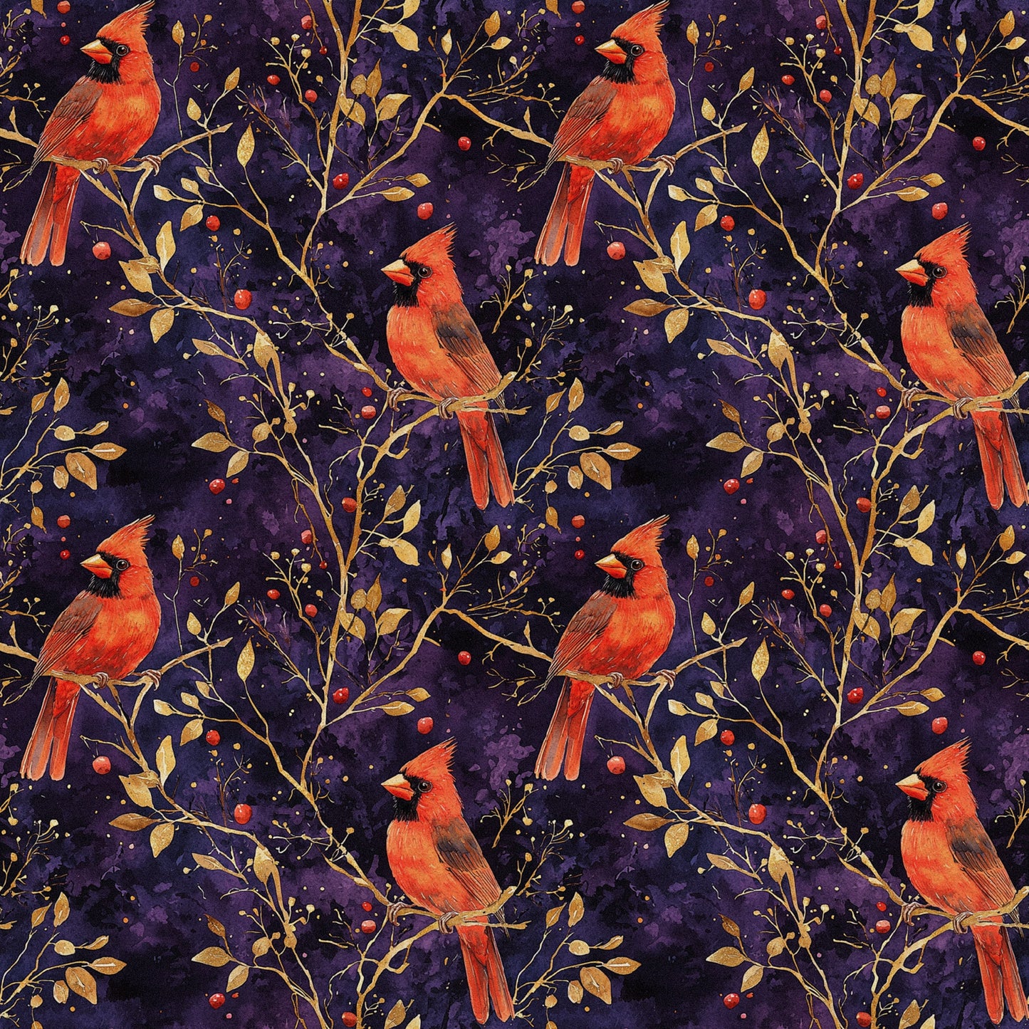 red cardinals, purple background, gold branches, autumn leaves, red berries, quilting cotton, fabric panel, bird pattern, nature motif, starry night, burgundy, crimson, golden yellow, botanical design, winter birds, repeating pattern, wildlife fabric, branch perches, berry clusters, celestial backdrop