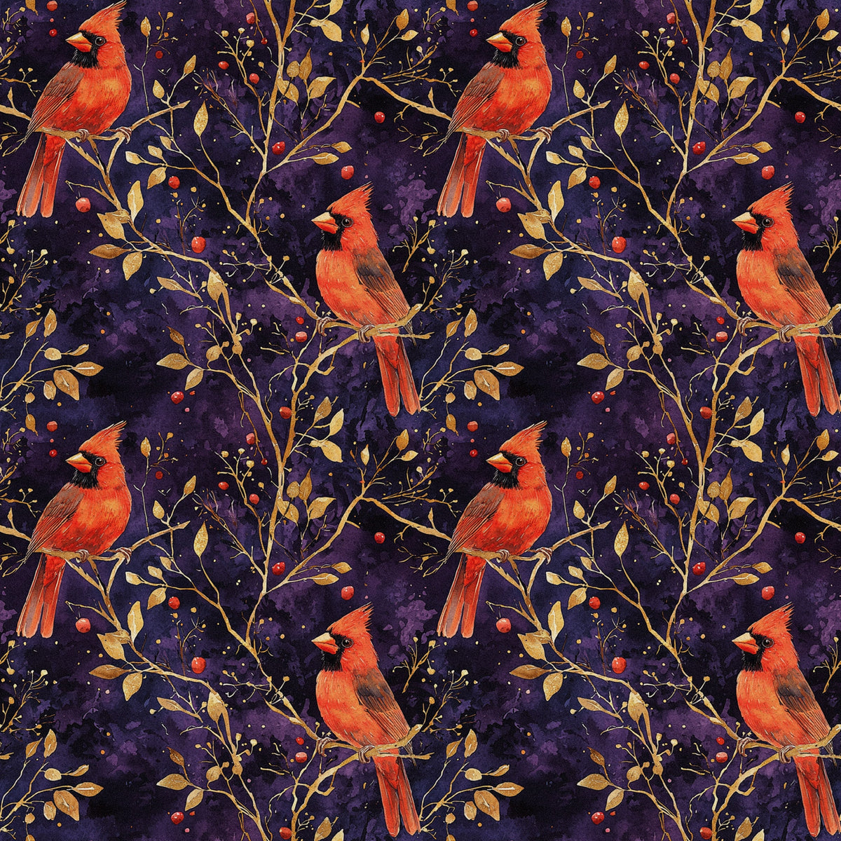 red cardinals, purple background, gold branches, autumn leaves, red berries, quilting cotton, fabric panel, bird pattern, nature motif, starry night, burgundy, crimson, golden yellow, botanical design, winter birds, repeating pattern, wildlife fabric, branch perches, berry clusters, celestial backdrop
