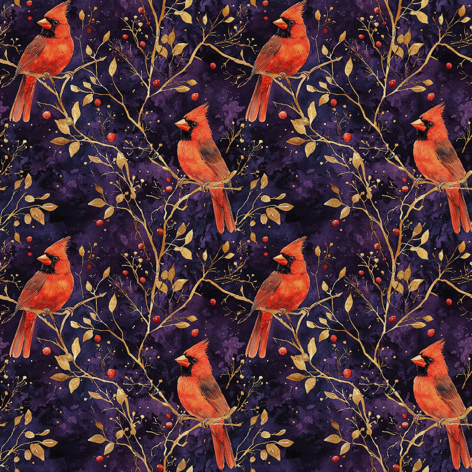 red cardinals, purple background, gold branches, autumn leaves, red berries, quilting cotton, fabric panel, bird pattern, nature motif, starry night, burgundy, crimson, golden yellow, botanical design, winter birds, repeating pattern, wildlife fabric, branch perches, berry clusters, celestial backdrop