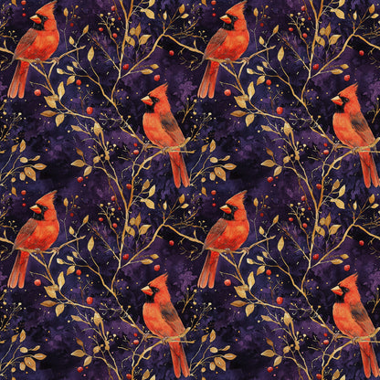 red cardinals, purple background, gold branches, autumn leaves, red berries, quilting cotton, fabric panel, bird pattern, nature motif, starry night, burgundy, crimson, golden yellow, botanical design, winter birds, repeating pattern, wildlife fabric, branch perches, berry clusters, celestial backdrop