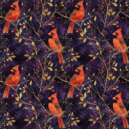 red cardinals, purple background, gold branches, autumn leaves, red berries, quilting cotton, fabric panel, bird pattern, nature motif, starry night, burgundy, crimson, golden yellow, botanical design, winter birds, repeating pattern, wildlife fabric, branch perches, berry clusters, celestial backdrop