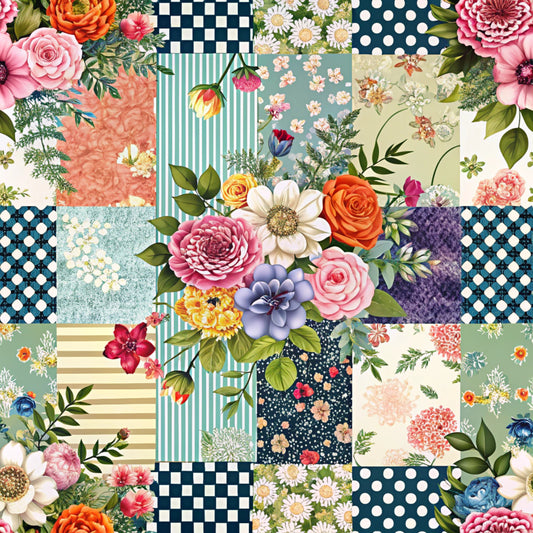 spring flowers, patchwork blocks, quilting cotton, floral motifs, roses, dahlias, geometric patterns, polka dots, stripes, checkered squares, pink blooms, orange flowers, purple blossoms, white daisies, botanical elements, green foliage, mixed patterns, cottage garden, fabric panel, quilting material