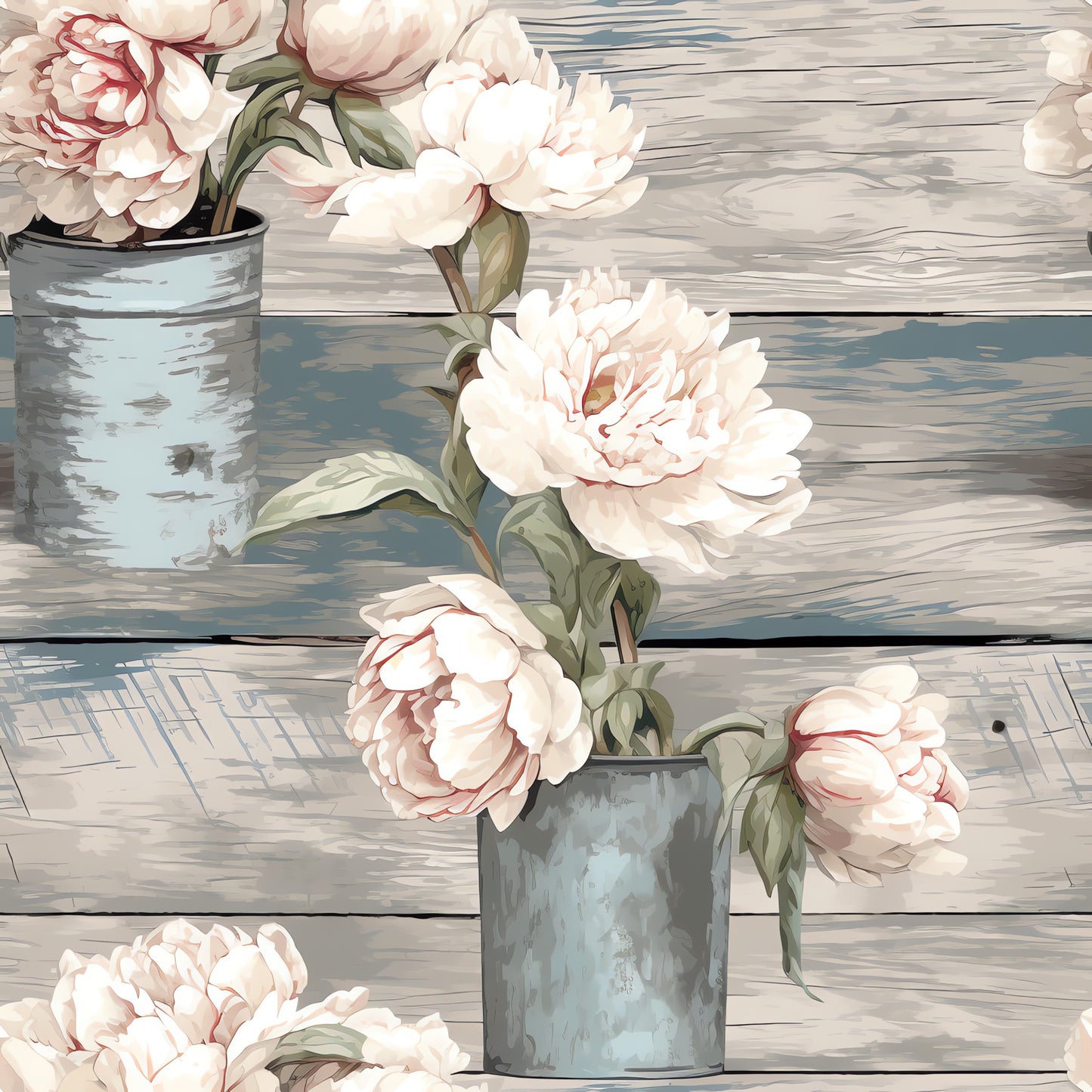 blush pink, cream white, sage green, weathered blue, rustic wood grain, peonies, floral bouquet, vintage mason jars, farmhouse style, shabby chic, botanical illustration, distressed finish, quilting cotton, fabric panel, country cottage, soft pastels, layered petals, realistic flowers, rustic charm