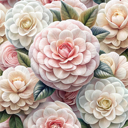 realistic flowers, pink blooms, cream petals, blush tones, sage green leaves, layered petals, botanical design, floral arrangement, soft pastels, quilting cotton, fabric panel, romantic florals, dimensional blooms, garden flowers, delicate shading, nature inspired, crafting material, sewing fabric, feminine colors, vintage style