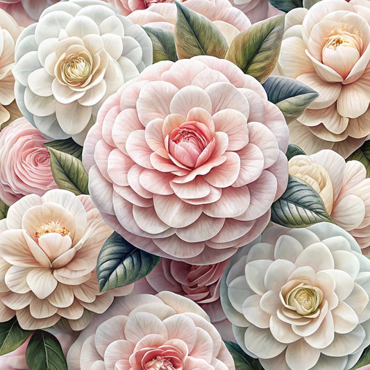 realistic flowers, pink blooms, cream petals, blush tones, sage green leaves, layered petals, botanical design, floral arrangement, soft pastels, quilting cotton, fabric panel, romantic florals, dimensional blooms, garden flowers, delicate shading, nature inspired, crafting material, sewing fabric, feminine colors, vintage style