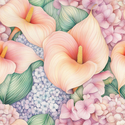 pastel pink, coral, lavender, sage green, cream, calla lily, hydrangea, tropical flowers, botanical pattern, floral design, watercolor style, soft petals, quilting cotton, fabric panel, delicate blooms, romantic mood, spring flowers, feminine palette, botanical illustration, seamless pattern