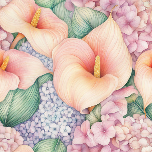pastel pink, coral, lavender, sage green, cream, calla lily, hydrangea, tropical flowers, botanical pattern, floral design, watercolor style, soft petals, quilting cotton, fabric panel, delicate blooms, romantic mood, spring flowers, feminine palette, botanical illustration, seamless pattern