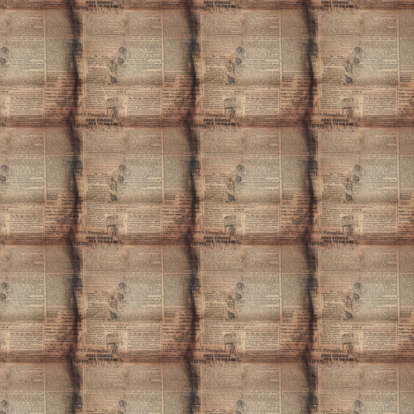 aged newspaper, vintage newsprint, sepia tones, brown hues, tan coloring, beige background, antique paper, weathered text, old advertisements, retro print, newspaper columns, quilting cotton, fabric panel, nostalgic design, historical theme, aged patina, vintage style, repetitive pattern, muted colors, distressed appearance
