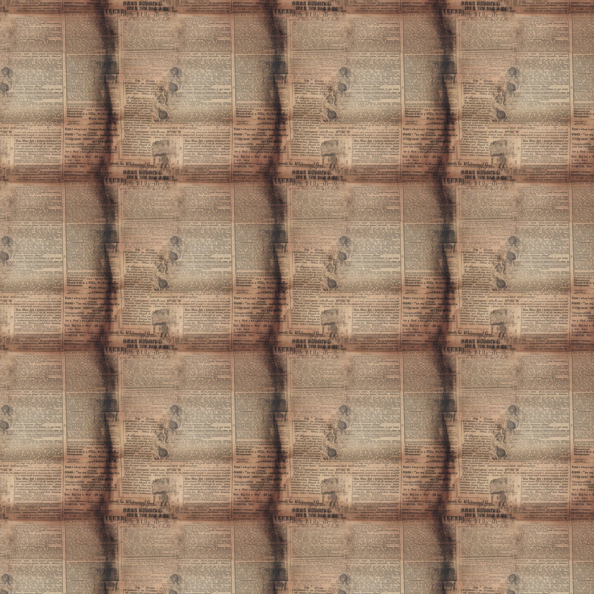 aged newspaper, vintage newsprint, sepia tones, brown hues, tan coloring, beige background, antique paper, weathered text, old advertisements, retro print, newspaper columns, quilting cotton, fabric panel, nostalgic design, historical theme, aged patina, vintage style, repetitive pattern, muted colors, distressed appearance