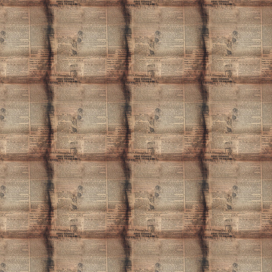aged newspaper, vintage newsprint, sepia tones, brown hues, tan coloring, beige background, antique paper, weathered text, old advertisements, retro print, newspaper columns, quilting cotton, fabric panel, nostalgic design, historical theme, aged patina, vintage style, repetitive pattern, muted colors, distressed appearance