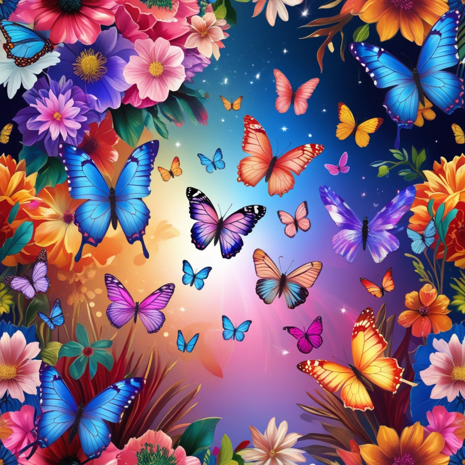 fantasy butterflies, quilting cotton, fabric panel, vibrant colors, blue butterflies, purple butterflies, orange butterflies, pink butterflies, tropical flowers, colorful blooms, magical garden, whimsical design, nature scene, starry sky, gradient background, floral border, spring theme, enchanted forest, artistic illustration, bright palette