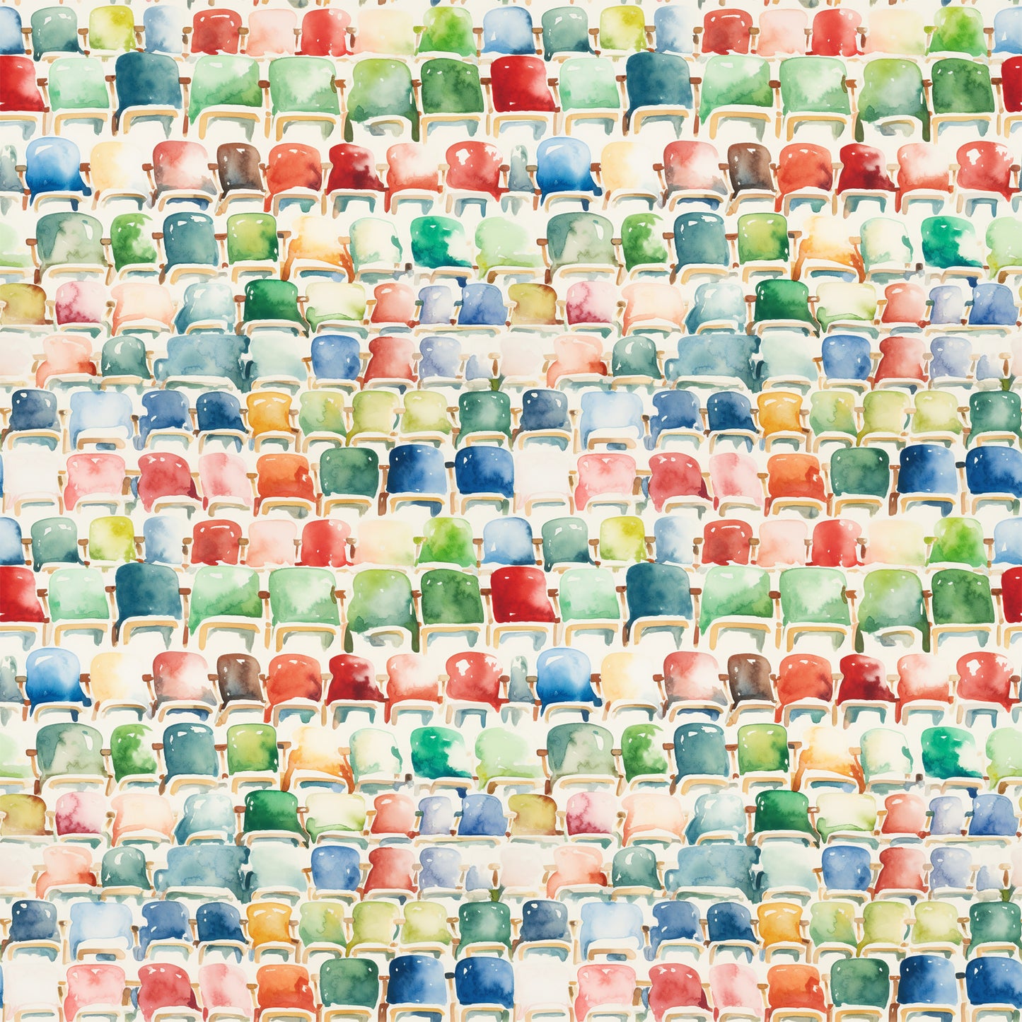 watercolor style, stadium seating, colorful chairs, football bleachers, sports theme, quilting cotton, fabric panel, red seats, blue seats, green seats, yellow seats, orange seats, pink seats, multicolored pattern, athletic venue, spectator seating, geometric arrangement, rows of chairs, sports decor, vibrant colors
