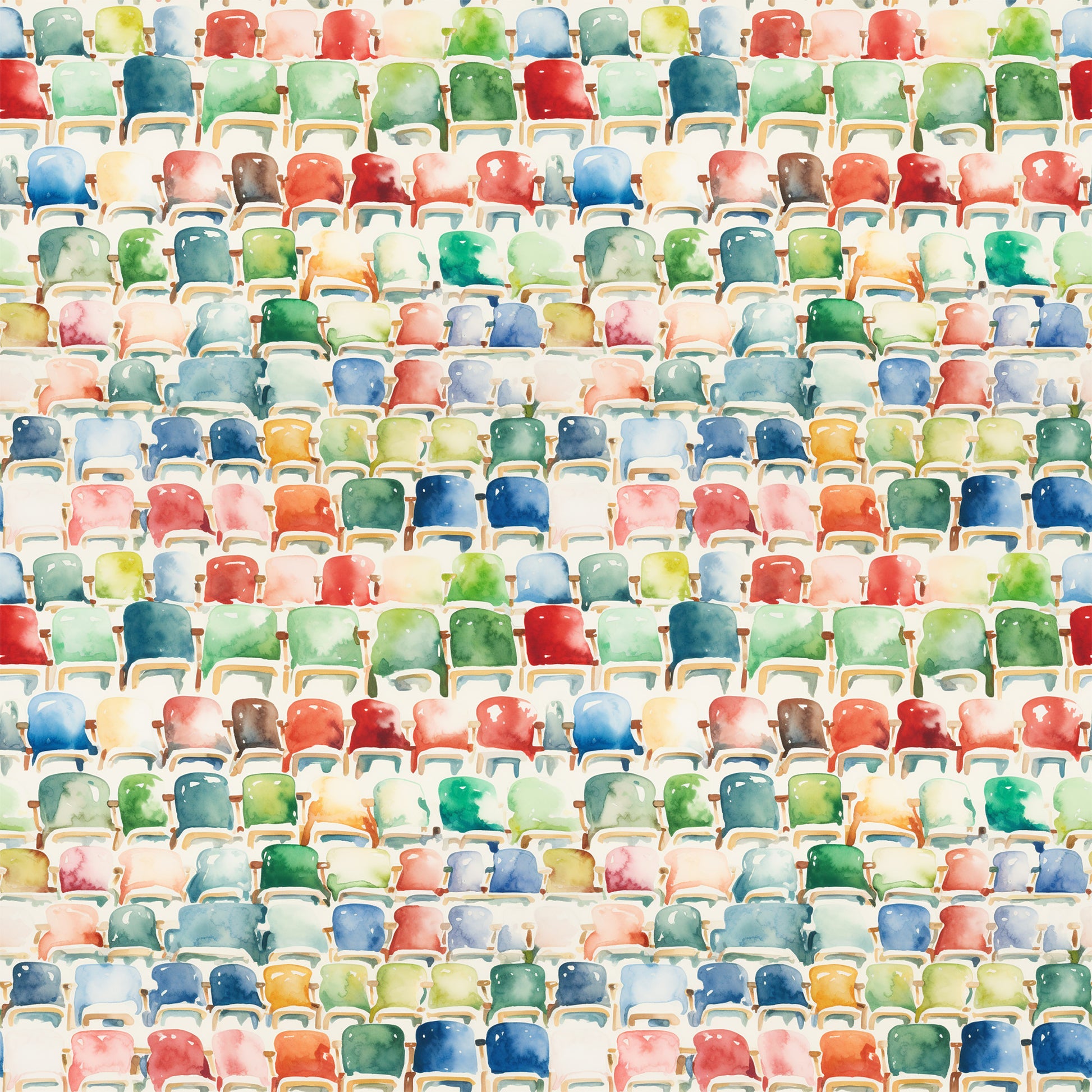 watercolor style, stadium seating, colorful chairs, football bleachers, sports theme, quilting cotton, fabric panel, red seats, blue seats, green seats, yellow seats, orange seats, pink seats, multicolored pattern, athletic venue, spectator seating, geometric arrangement, rows of chairs, sports decor, vibrant colors