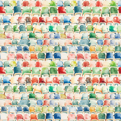 watercolor style, stadium seating, colorful chairs, football bleachers, sports theme, quilting cotton, fabric panel, red seats, blue seats, green seats, yellow seats, orange seats, pink seats, multicolored pattern, athletic venue, spectator seating, geometric arrangement, rows of chairs, sports decor, vibrant colors