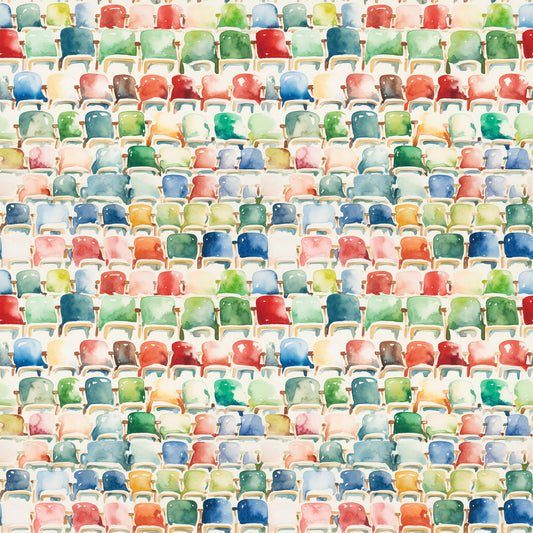 watercolor style, stadium seating, colorful chairs, football bleachers, sports theme, quilting cotton, fabric panel, red seats, blue seats, green seats, yellow seats, orange seats, pink seats, multicolored pattern, athletic venue, spectator seating, geometric arrangement, rows of chairs, sports decor, vibrant colors