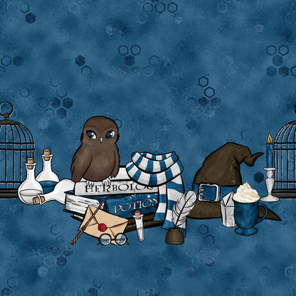 blue background, brown owl, wizard hat, potion bottles, herbology, magic books, birdcage, candle, quill feather, eyeglasses, envelope, red wax seal, hexagon pattern, whimsical illustration, magical theme, quilting cotton, fabric panel, wizard school, potion study, enchanted objects